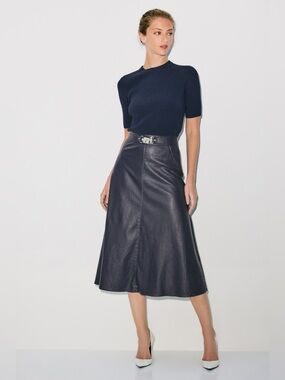 Florsheim Navy A-Line Leather Midi Skirt
